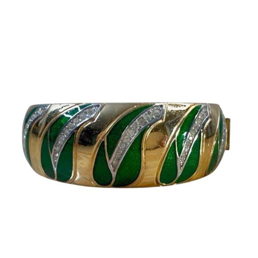 Christian Dior Bracelet Gold Tone Clear Rhinestone Green Enamel Sz 6.5 - Picture 3 of 16